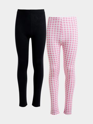 Jet Younger Girls White/Pink Check 2 Pack Leggings