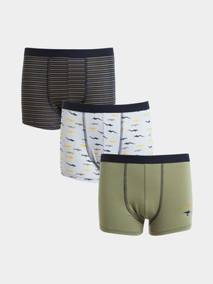 Boy's Navy & Green Shark 3-Pack Trunks