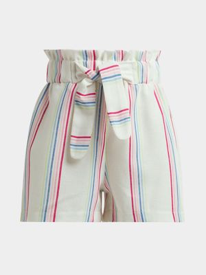 Older Girl's White Striped Paperbag Shorts