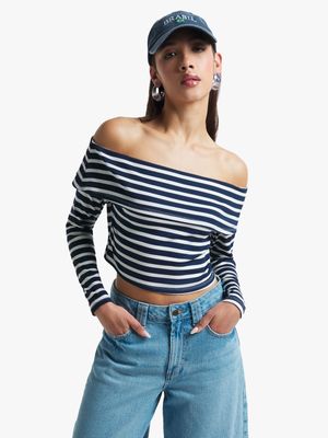 Women's Navy & White Bardot Top