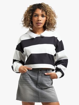 Women's Black & White Striped Fleece Rugby Jersey