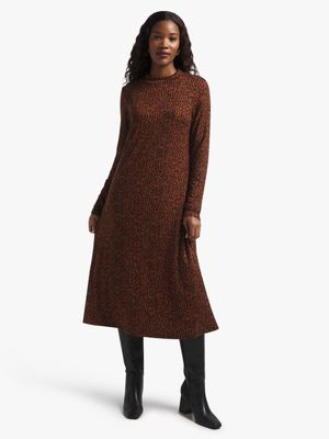 Women's Black & Brown Animal Print Midi T-Shirt Dress