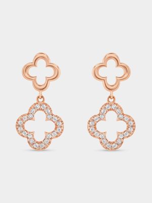 Rose Gold Plated Sterling Cubic Zirconia Clover Drop Earrings