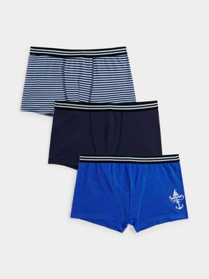 Jet Older Boys Blue 3 Pack Stripe & Anchor Body Shorts