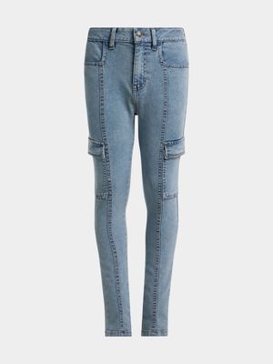 Jet Younger Girls Blue Light Wash Cargo Jeans