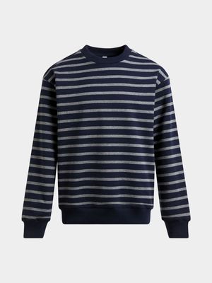 Older Boy's Navy & Grey Striped Sweat Top