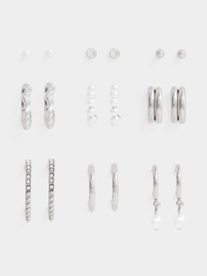 Women's Silver 9-Pack Textured Earrings Set