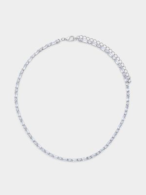 Silver Tone Baguette  Round Stone Tennis Necklace