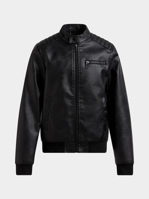 Younger Boy's Black Pleather Bomber Jacket