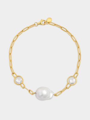 Gold Plated Sterling Silver Freshwater Pearl Paperclip Bracelet