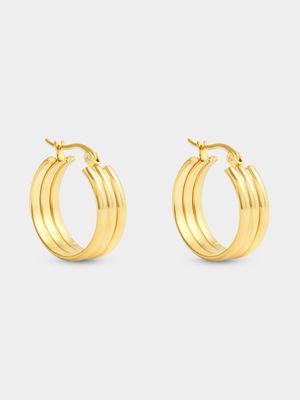 Stainless Steel 18ct Gold Plated Waterproof tripple band Hinged Hoop Earrings