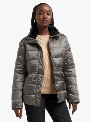 Women's Grey Metallic Quilted Puffer Jacket