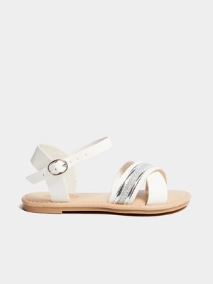 Youger Girl's White & Silver Crossover Sandals