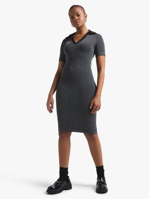 Women's Black Seamless Johnny Collar Dress