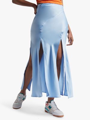 Women's Blue Satin Skirt With Slits