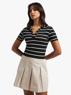 Women's Black & White Stripe Johnny Collar Top