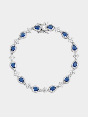 Sterling Silver Sapphire Blue Cubic Zirconia Pear Halo Bracelet