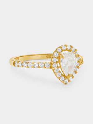 Yellow Gold Cubic Zirconia Pear Halo Cluster Ring