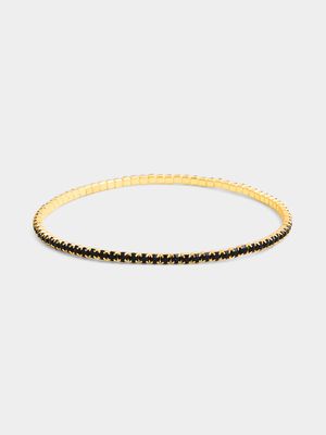 Gold Tone Black Stone Stretchy Tennis Bracelet