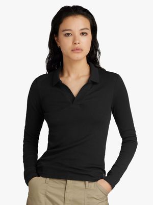 G-Star Women's Ribbed Slim Black Polo Shirt