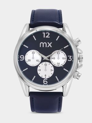 MX Silver Plated Blue & Silver Tone Dial Blue Faux Leather Watch