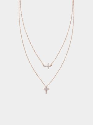 Double Diamante Cross Necklace