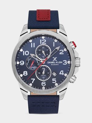 Daniel Klein Silver Plated Blue Leather Chronographic Watch