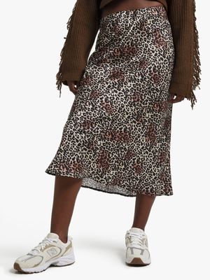 Women's Brown Animal Print Satin Skirt