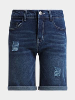 Younger Boy's Dark Wash Ripped Denim Shorts