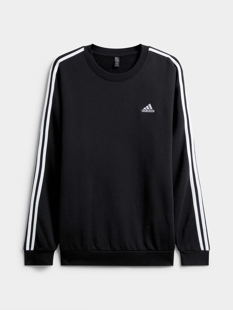 Mens adidas 3 Stripes Fleece Black White Crew Sweat Bash