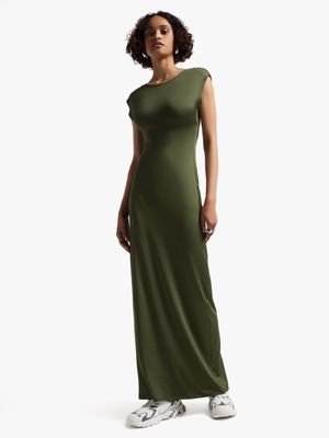 Women's Green Slinky Open Back Maxi Dress