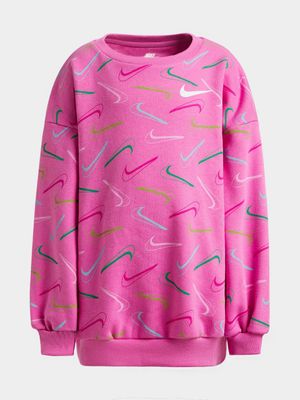 Nike Pink Swoosh Logo Crew Poly Cotton Sweat Top