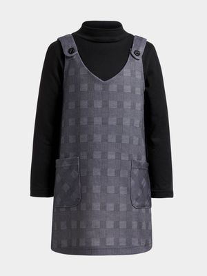 Younger Girl's Black & Grey Check Pinafore & T-Shirt Set