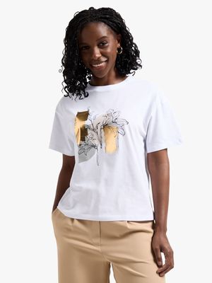 Women's White Graphic Print T-Shirt