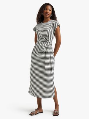 Women's Black & White Striped Tie Front T-Shirt Dress