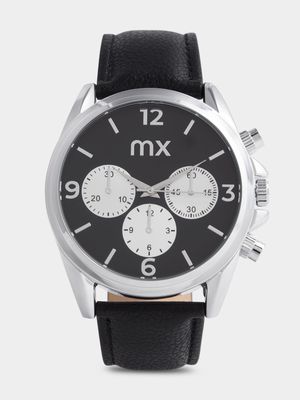 MX Silver Plated Black & Silver Tone Dial Black Faux Leather Watch