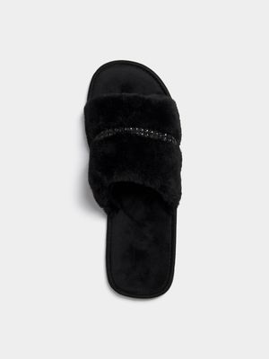 Jet Women's Black Diamante Strap Mule Slippers