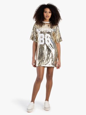 Women's Sissy Boy Gold Boxy Loose Sequin Logo T-Shirt Dress