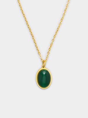 Stainless Steel 18ct Gold Plated Waterproof Oval Green Pendant on Chain