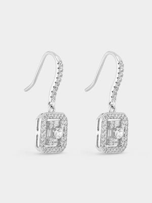 Sterling Silver Cubic Zirconia Baguette Square Halo Drop Earrings