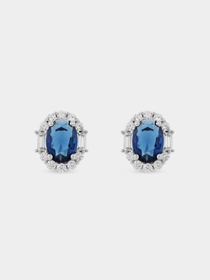 Sterling Silver Sapphire Blue Cubic Zirconia Oval Halo Stud Earrings