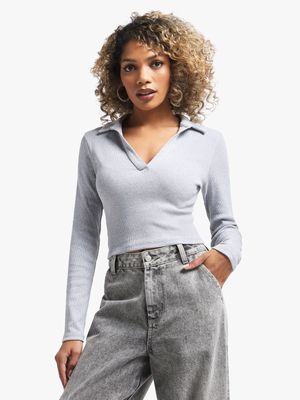 Women's Grey Melange Rib Johnny Collar Top