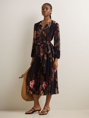 Women's Iconography Belted Pleated Midi Dress Floral Print