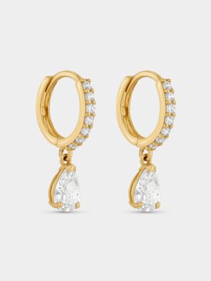 Yellow Gold Cubic Zirconia Pear Hoop Drop Earrings