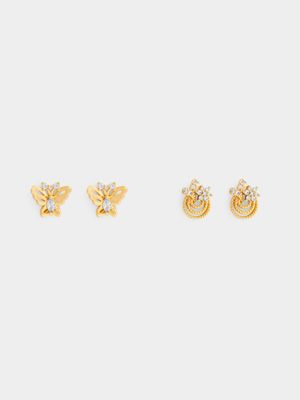 2-Pack Halo Stud Flower CZ & Butterfly Stud Set