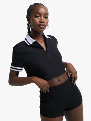 Women's Black Cropped Zip Up Top