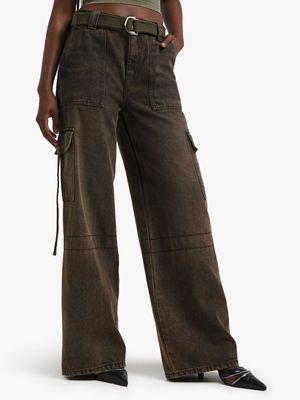 Women's Brown Wash Wide Leg Cargo Jeans