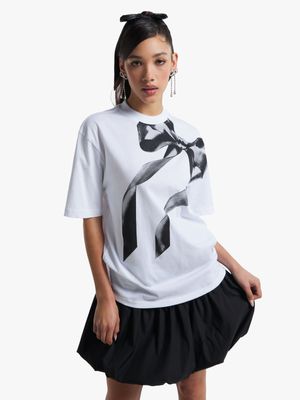 Women's White Bow Graphic Top