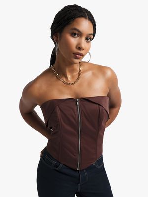 Women's Brown Co-Ord Fold Over Corset Top