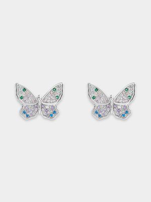 Rhodium Plated Butterfly Multiple Colour Cubic Zirconia  Studs